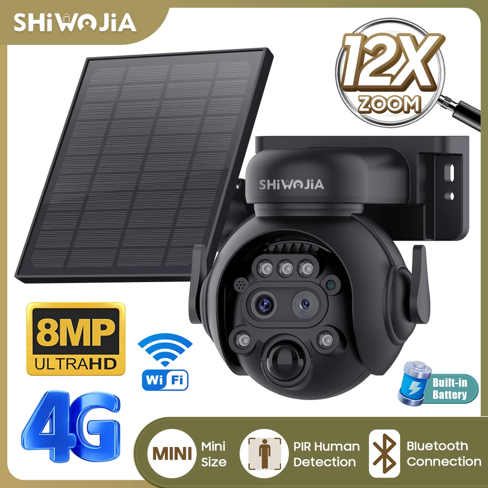 Home Security Cameras Wireless - SHIWOJIA 12X Zoom 4G LTE Solar