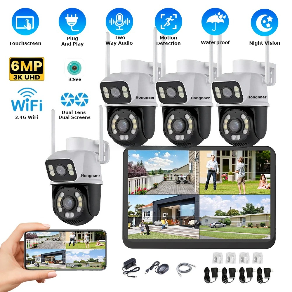 Home Security Cameras Wireless - Hongnaer 6MP 4CH Dual Lens Home